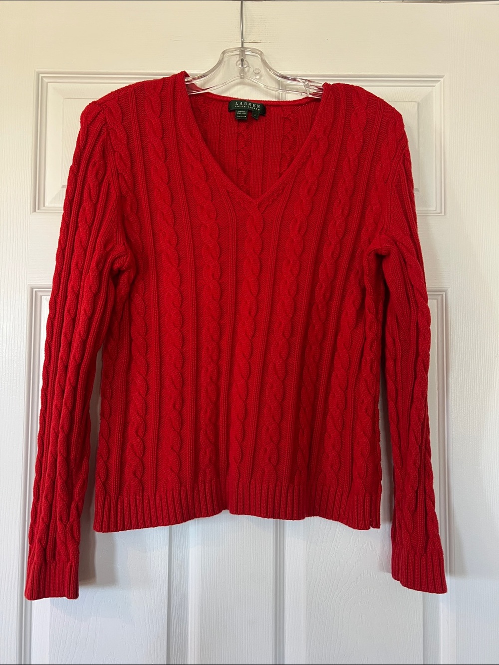 Ralph Lauren Women's Red Cable V-Neck Sweater